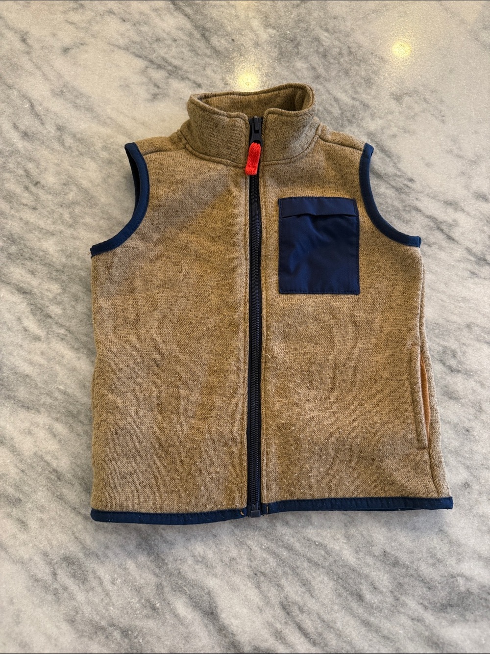 Children's Tan Fleece Vest with Navy Trim